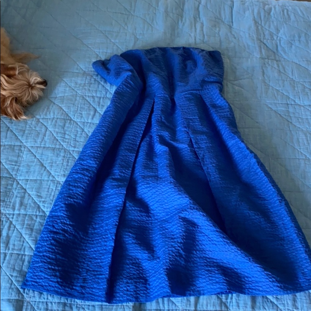 Strapless royal blue seersucker summer dress.